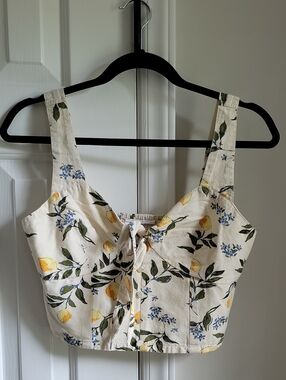 Cream Lemon-Print Tie-Front Crop Top